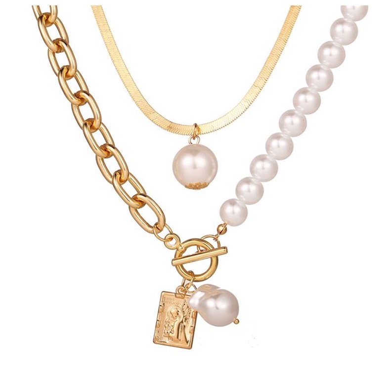 Kalung Mutiara Rantai Multilayer Double Layer Rantai Pipih dengan Liontin Bandul Mutiara Dalika