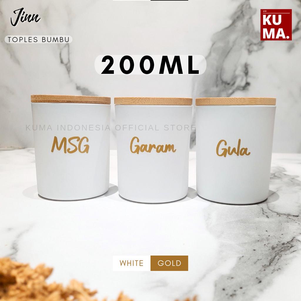 KUMA Jinn Toples Bumbu Dapur Kaca 200ml Tutup Kayu Bambu White Gold Aesthetic Bahan Keramik Kaca Bamboo