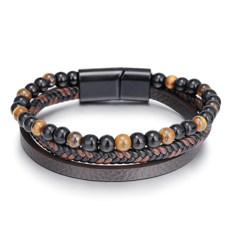 Gelang Manik-Manik Batu Vulkanik Tiger Eye Bahan Kulit Gaya Vintage Untuk Pria