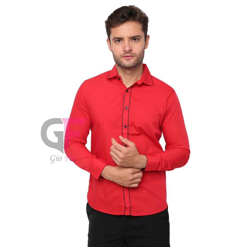 GIOFLO Hem Panjang Kemeja Pria Slim Fit Model Korea Merah / LNG 1773