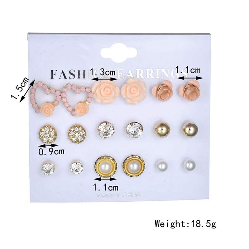 9 Pasang / Set Anting Stud Kristal Mutiara Berlian Imitasi Bentuk Bunga Gaya Korea Untuk Wanita