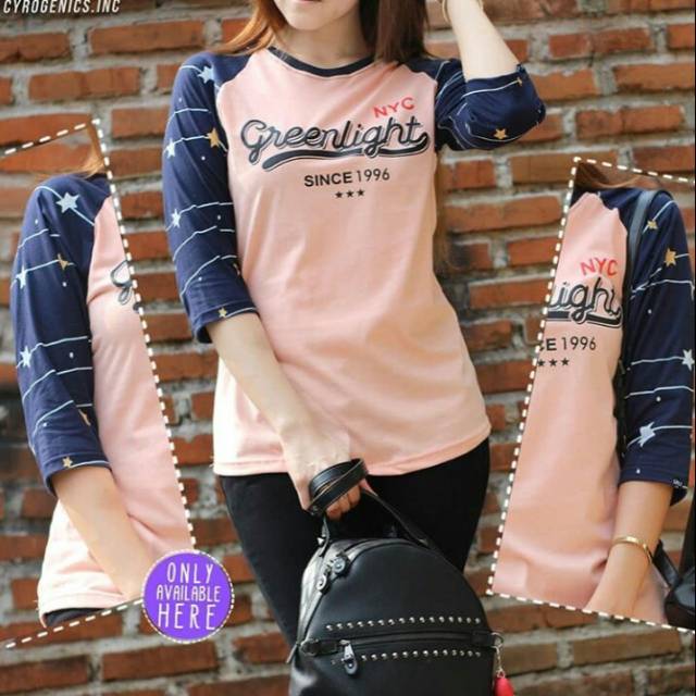 Kaos raglan 3/4 wanita badan peach lengan navy