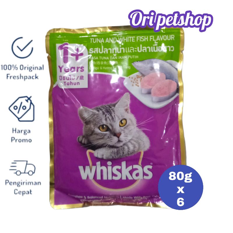 (6 pouch) Whiskas Sachet Pouch 80g Wet Cat Wood - 1+ Tuna White Fish