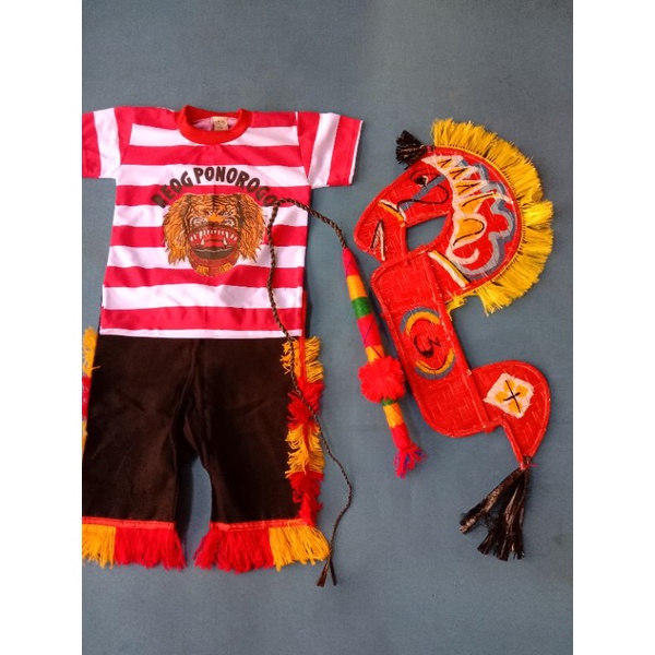 PAKET kaos reog, celana 5 - 10 tahun, kepang 78 cm, cambuk, kuda lumping, baju reog