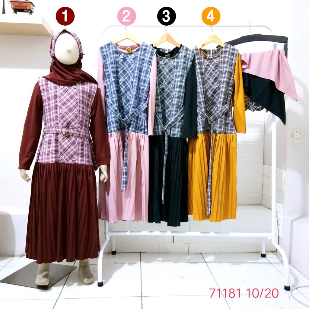 Gamis Anak Perempuan Kotak Linen Kombi Kaos Polos 71181 (6-12 tahun)