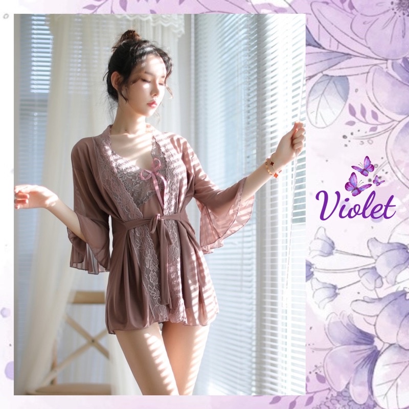 Violet Lingerie Set Gamis Seksi + G-String Baju Tidur Wanita Renda Jubah Transparan Piyama Set 1109