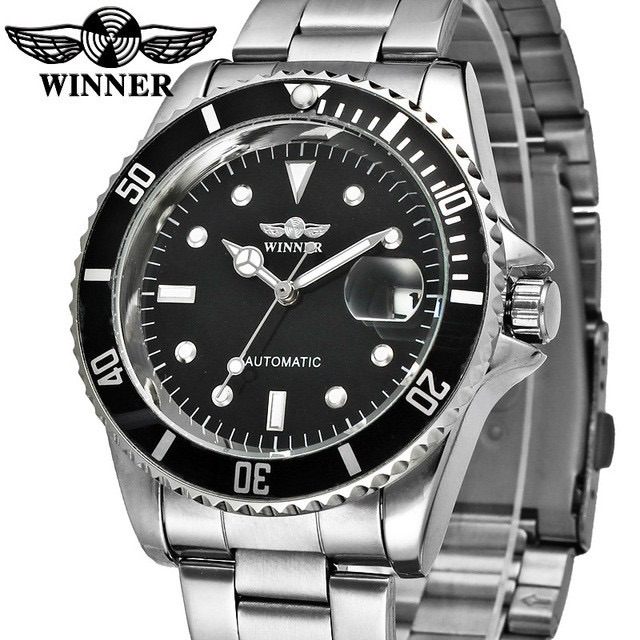 Jam Tangan Pria Mekanik Automatic Winner Submariner Silver Black Original