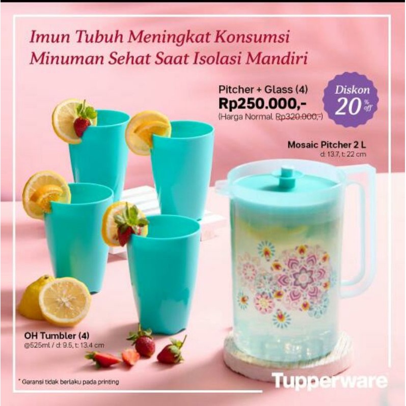 Mosaic pitcher 2L+ glass (4) Tupperware/ 1 set