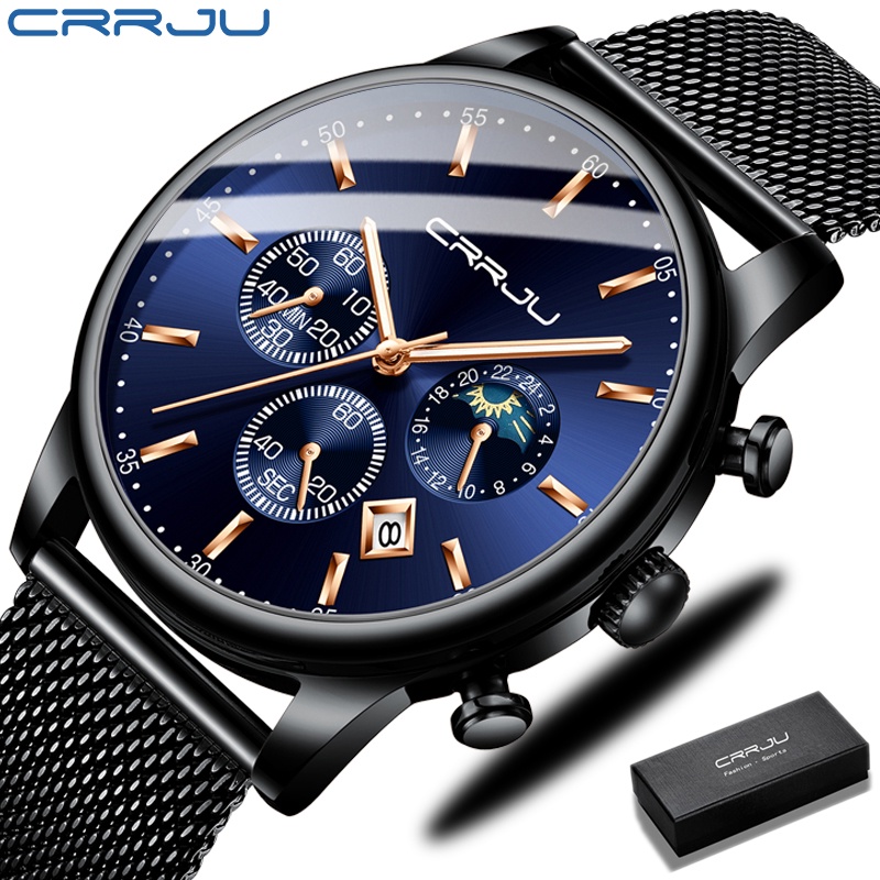 CRRJU Jam Tangan Pria/Wanita Cool Trendy Quartz Chronograph Stainless Steel Anti Air Chronograph Korea untuk Jam Origina