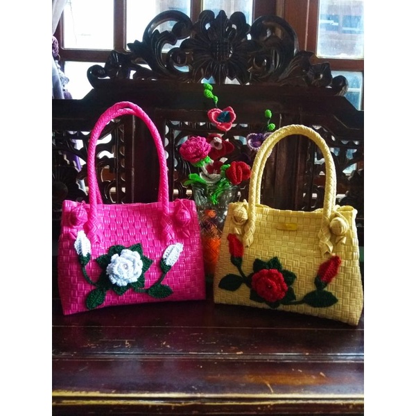 tas anyaman patty s bahan jally motif bunga rajut