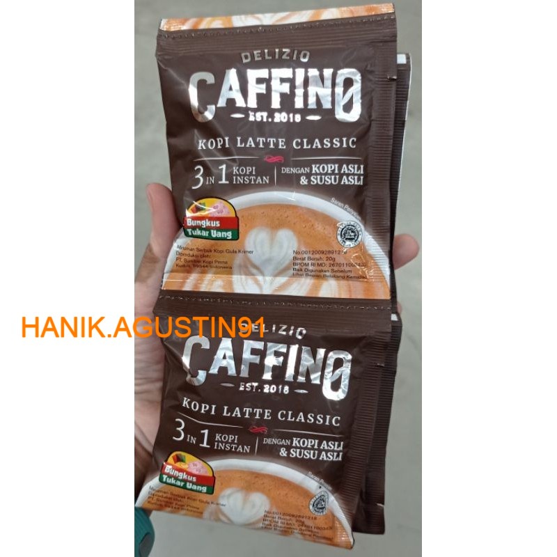 

Caffino Delizio kopi latte classic , Caffino kopi latte choco hazelnut ,Caffino Mocca renteng isi 10