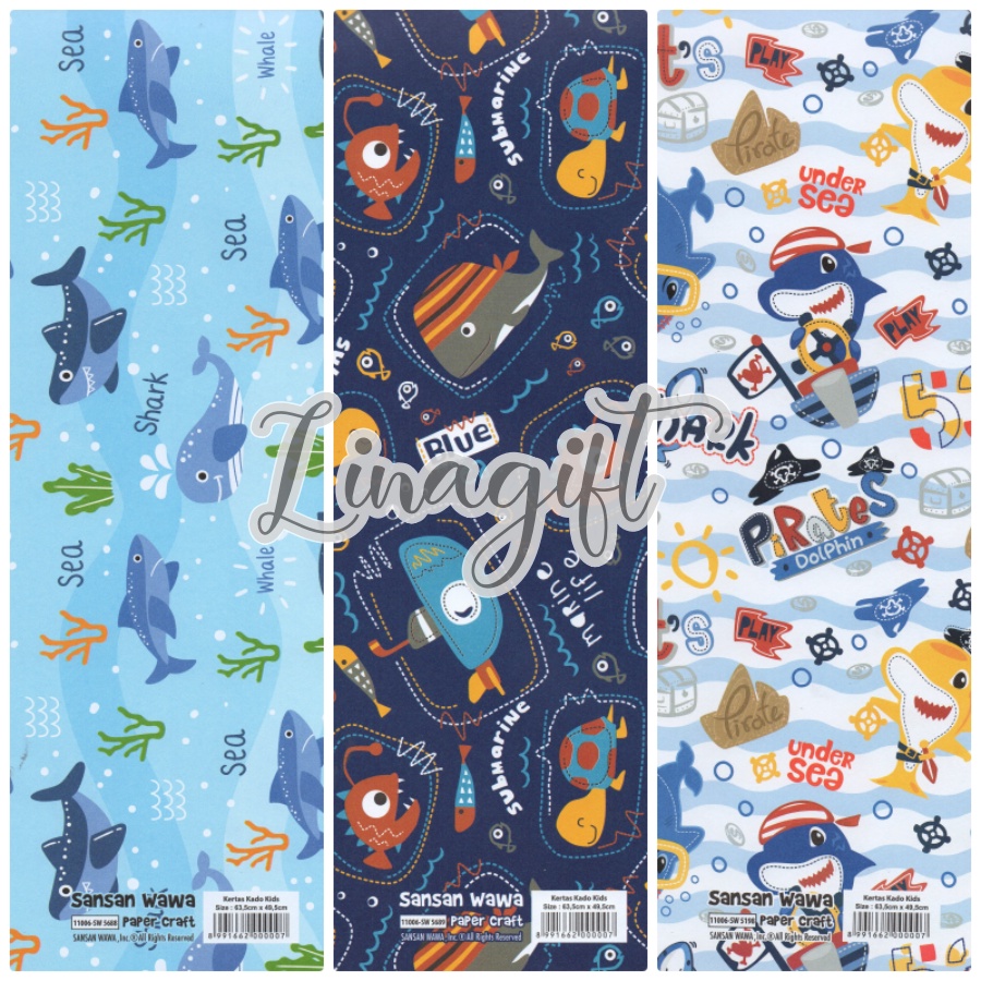 ( 5 Lembar ) SHARK SANWA - KERTAS KADO ANIMAL CARTOON - GIFT WRAP PAPER SANSAN WAWA IKAN HIU / NEMO / CUTE BINATANG / WHALE PIRATE DOLPHINS BLUE SEA MARINE LIFE SUBMARINE