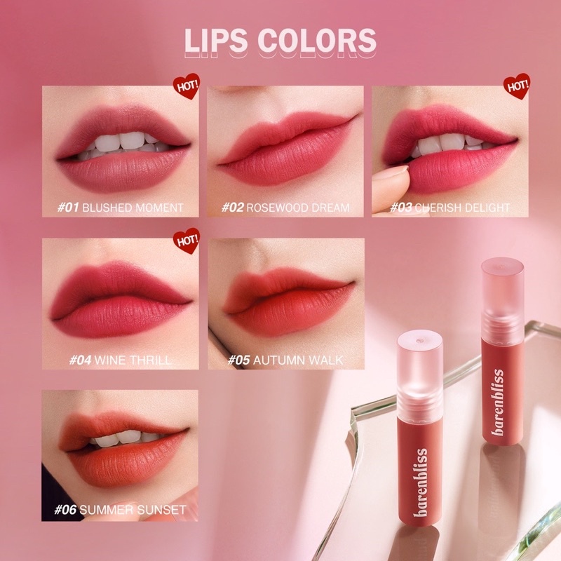 BNB Barenbliss Full Bloom Transferproof Matte Tint | Cherry Cheerful Lip Velvet Lipcream | Berry Comfort Liquid Lipstik | Peach Perfect Lip Tint Lip Gloss