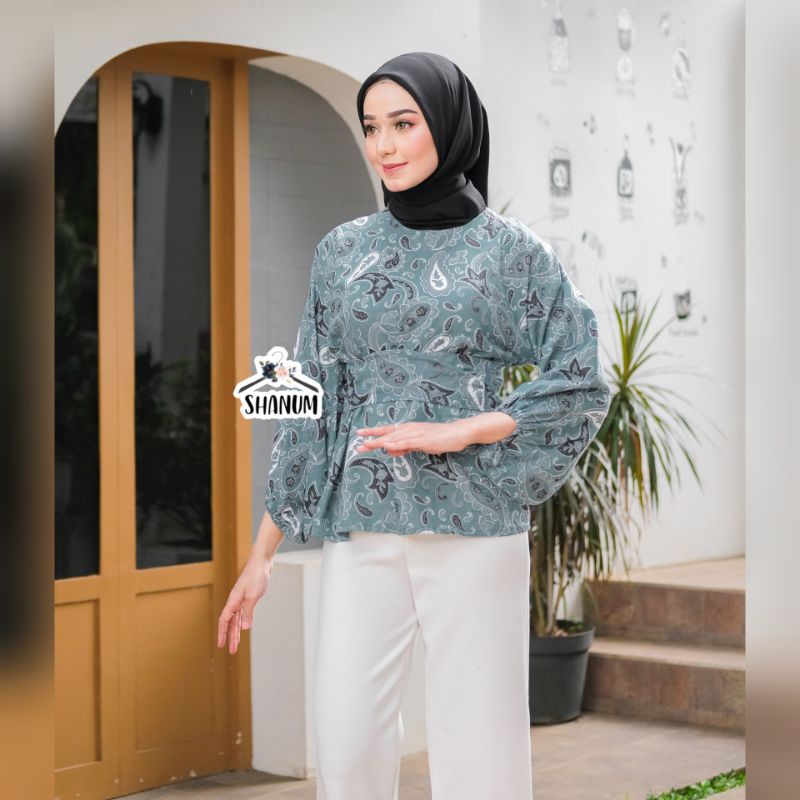 BLOUSE BATIK WANITA MODERN ATASAN BATIK KERJA WANITA BATIK PASTEL GREEN SAGE LENGAN PLUM BALON