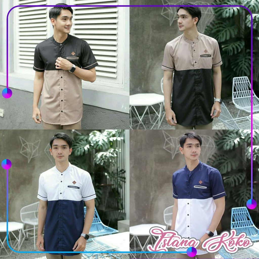 Kurta Koko Toyobo Premium Lengan Pendek Kombinasi 2 Warna Coklat Hitam Biru Putih - Bahan Toyobo Ber