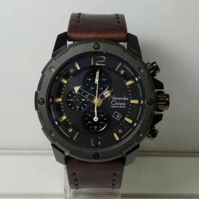 Jam tangan Alexandre Christie AC 6410 pria leather dark brown