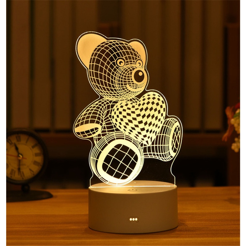 Lampu Meja Lampu Tidur LED 3D Acrylic Cocok untuk hadiah anak 3D karakter teddy bear dan Love Lampu meja Kamar tidur 3D Lamp Acrylic USB LED Night Light Xmas Party Wedding Decoration Night Light Home Gift Unicorn Heart Neon Lamp New Year Gifts