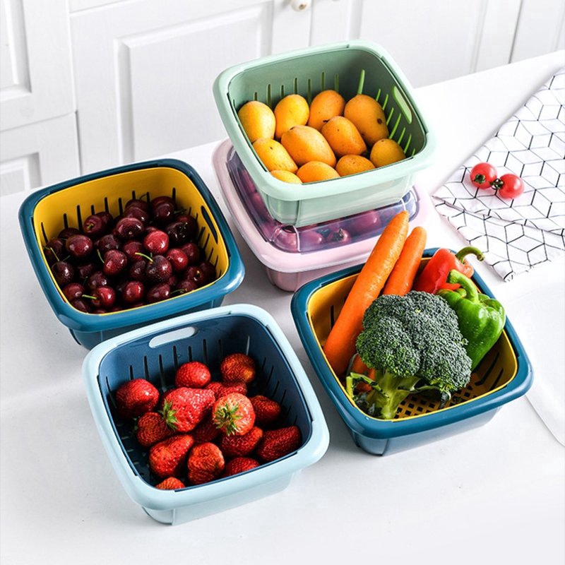 Multifunction Detachable Double-layer Drain Basket / Plastic  Fruit Washing Basket / Living Room Fruit Storage Basket with Lid