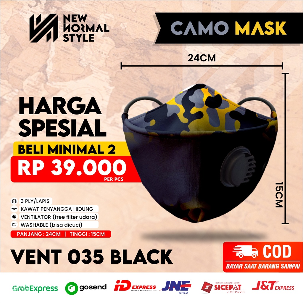 VENT 35-B Masker Kain 3D 3 ply Lapis Respirator Hijab Korea Headloop Earloop Motif Hitam Pria Keren