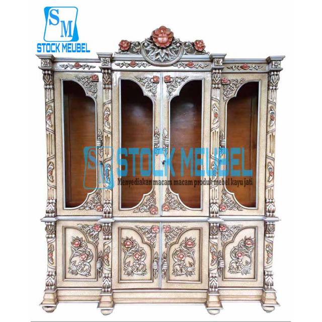 Lemari Hias Kaca Sisilia |  Almari Pajangan Ruang Tamu Hiasan Kayu Jati Mewah  Jepara