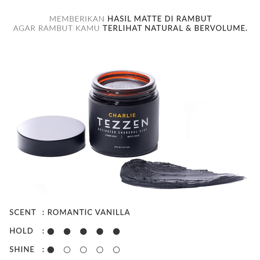 Tezzen Charlie Activated Charcoal Clay Matte Finish Strong Hold BPOM Free Sisir