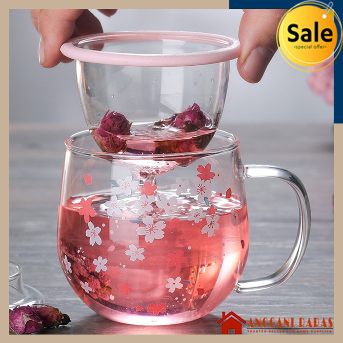 Gelas Teh Kaca Dengan Tutup dan Saringan Teh Motif Bunga 300ml