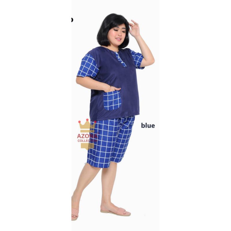 Dtree . Piyama stelan pendek jumbo katun motif abstrak baju tidur kancing depan Ld 120 cm-Polos kotak navy