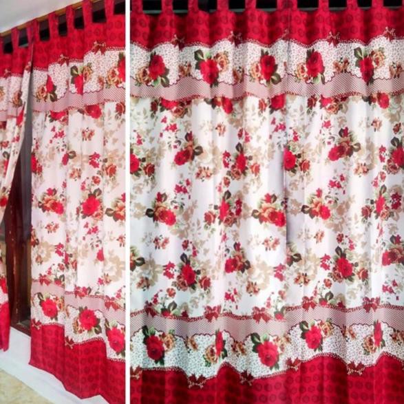 ♣ GORDEN TALI + RENDA MOTIF BUNGA KEMBANG MERAH DASAR PUTIH ✳