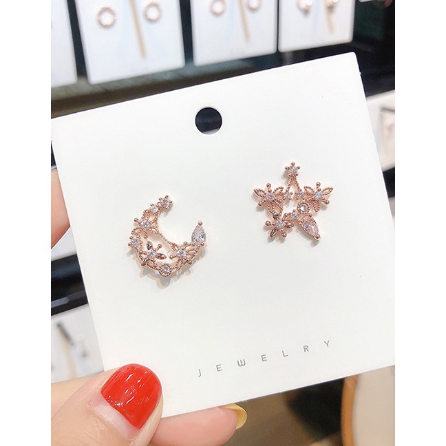 LRC Anting Tusuk Fashion Rose Gold Openwork Stars: Moon: Diamonds: 925 Silver Needle Studs F65614