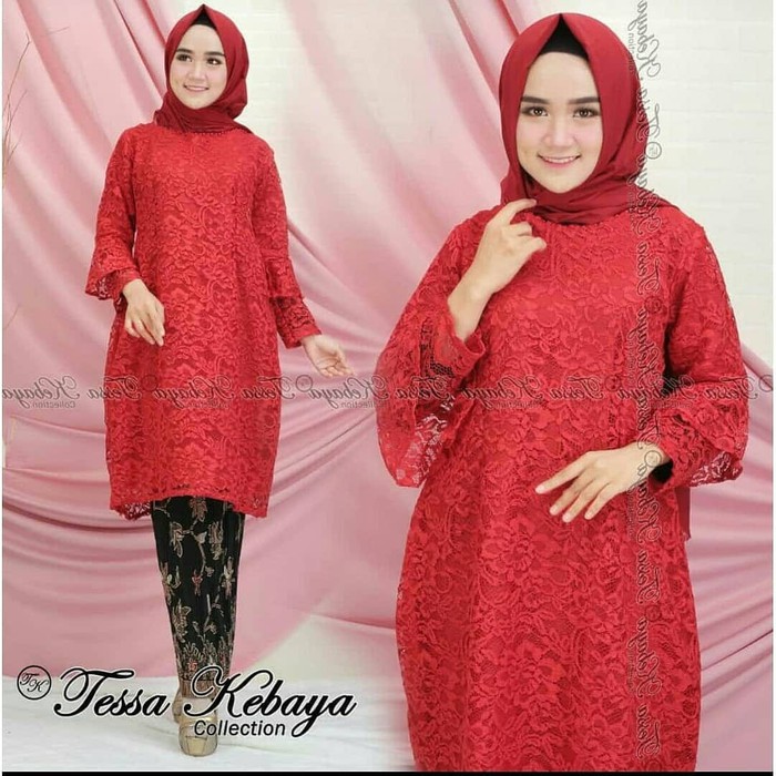 STELAN KEBAYA / TUNIK/ BROKAT/ ROK PLISKET/ KEBAYA MODERN/ KEBAYA TERBARU / KEBAYA SET MERAH