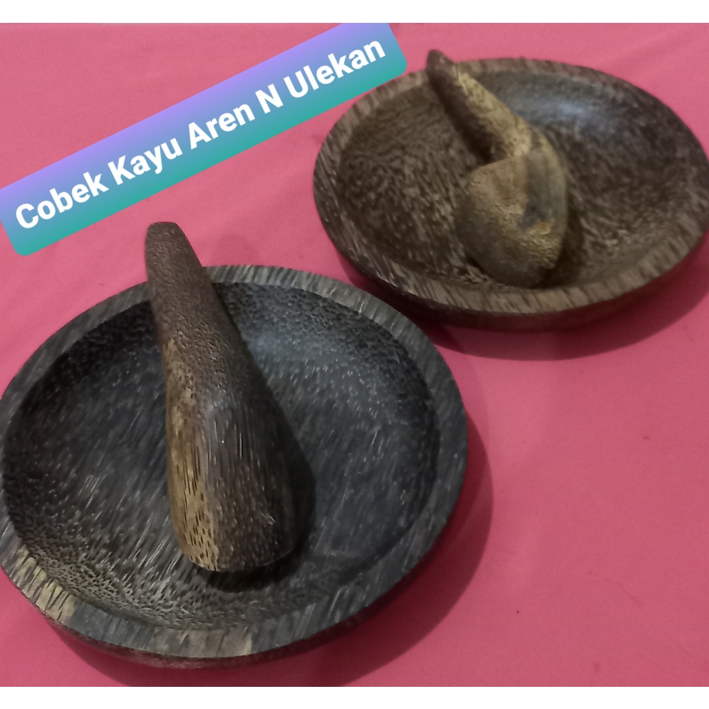 Cobek kayu Aren ukuran 18 cm dan Ulekan