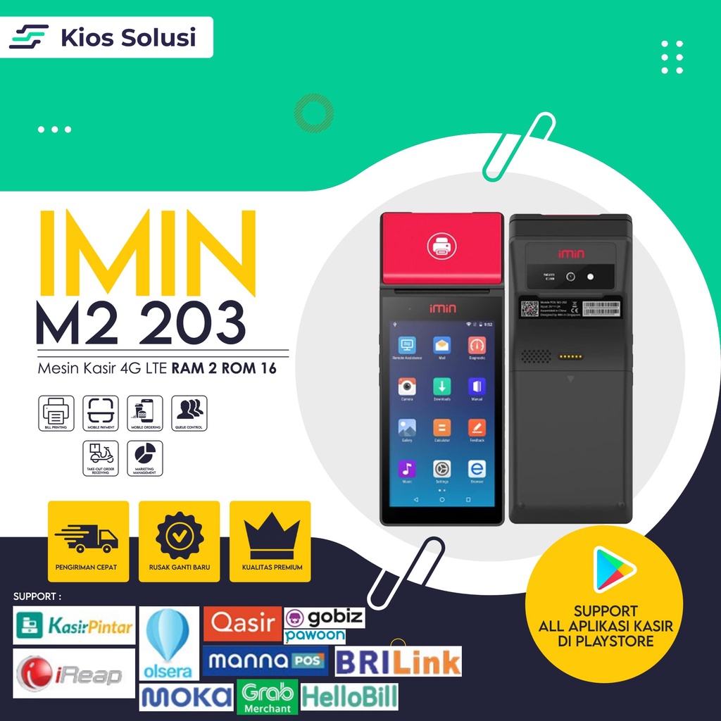 Mesin POS Printer Thermal Portable Mesin Kasir iMin M2 203 2GB/16 GB 4G LTE TERMURAH