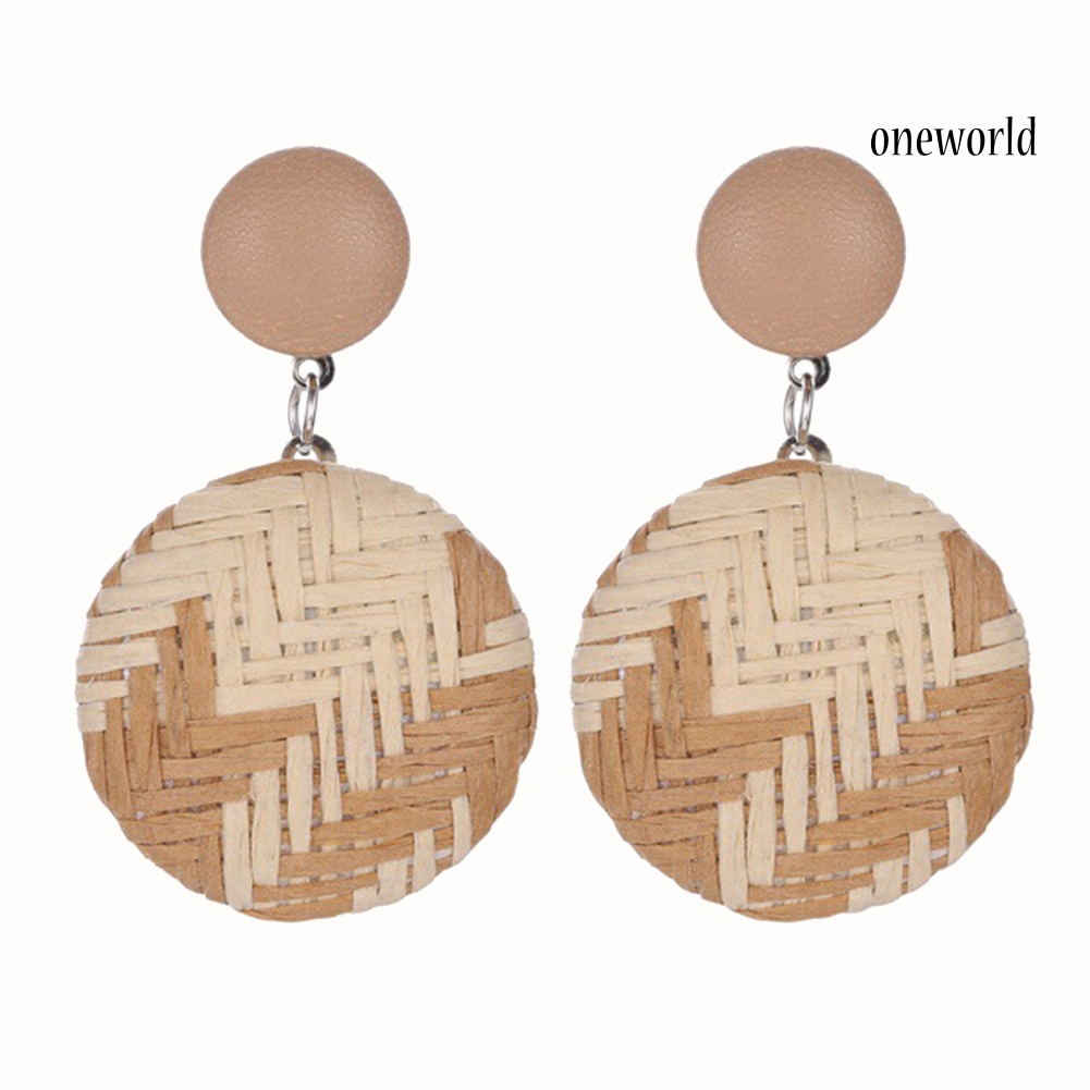 OW@ Boho Women Geometric Round Button Woven Straw Dangle Stud Earrings Jewelry