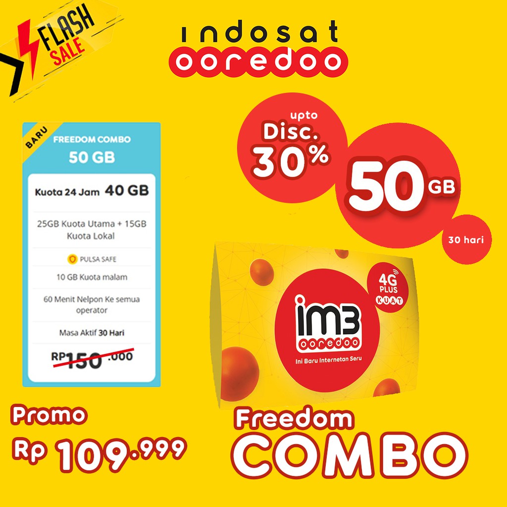 Kartu Perdana Paket Data Indosat (Freedom Combo) 50 GB Aktif 30 Hari Siap Pakai