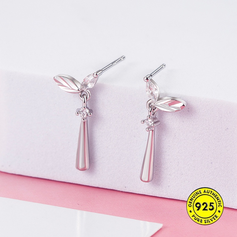 Anting Tusuk Sterling Silver Bentuk Daun Dengan Berlian Imitasi Untuk Wanita