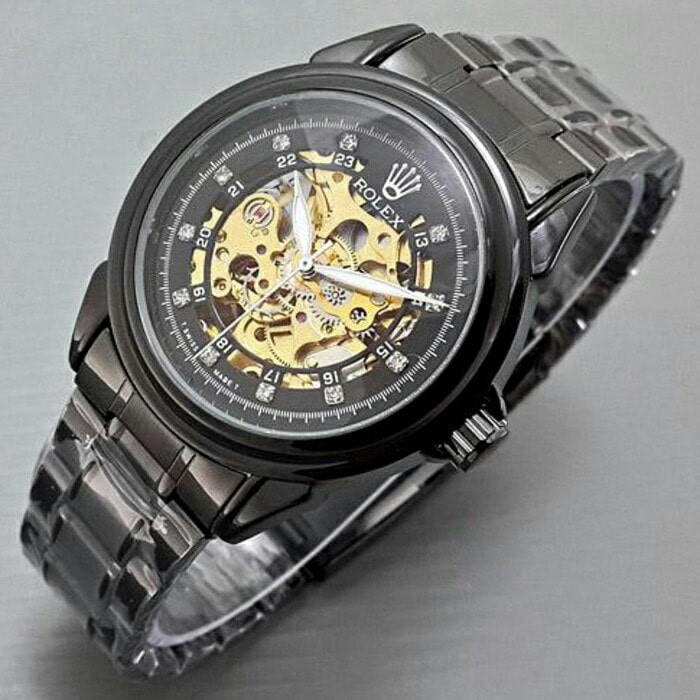 HOT TERLARIS Jam Tangan Pria / Cowok Rolex Skeleton Rantai Hitam Automatic