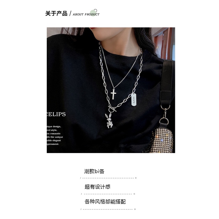 Cross kelinci surat kalung tren hip hop gaya dingin kalung cocok untuk pria dan wanita double layer