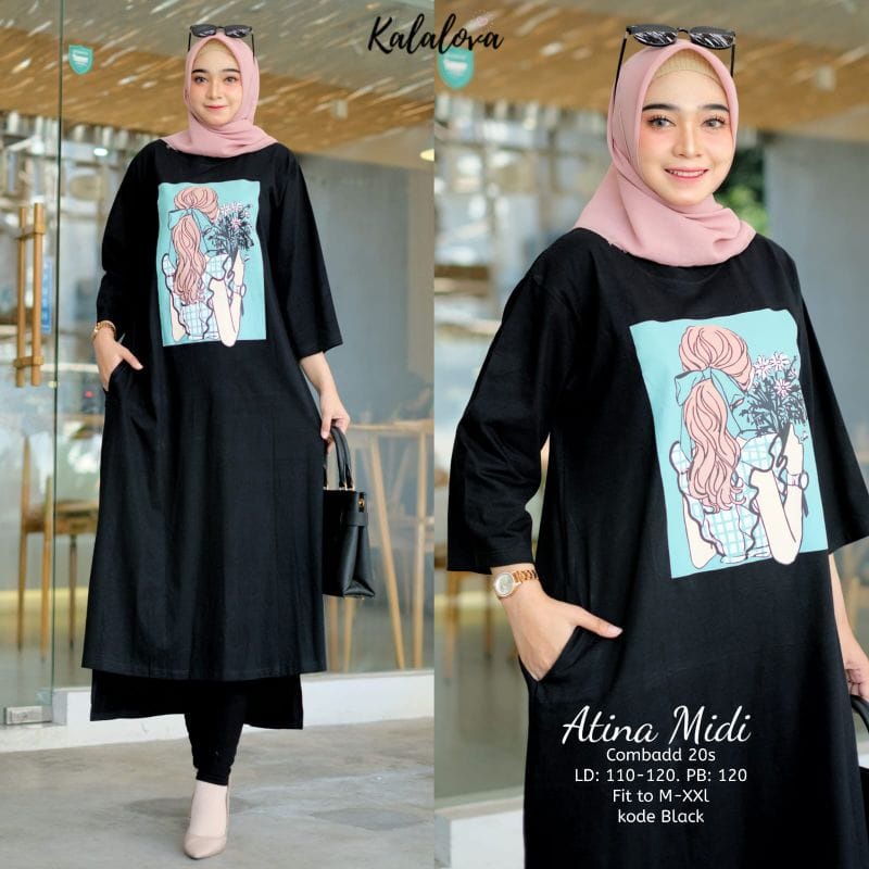 Atina Midi Dress Korea Long Dress Muslim Alvina Baju Wanita Jumbo Ootd Kekinian Baju Remaja Perempuan Matt Combad Aplikasi Sablon