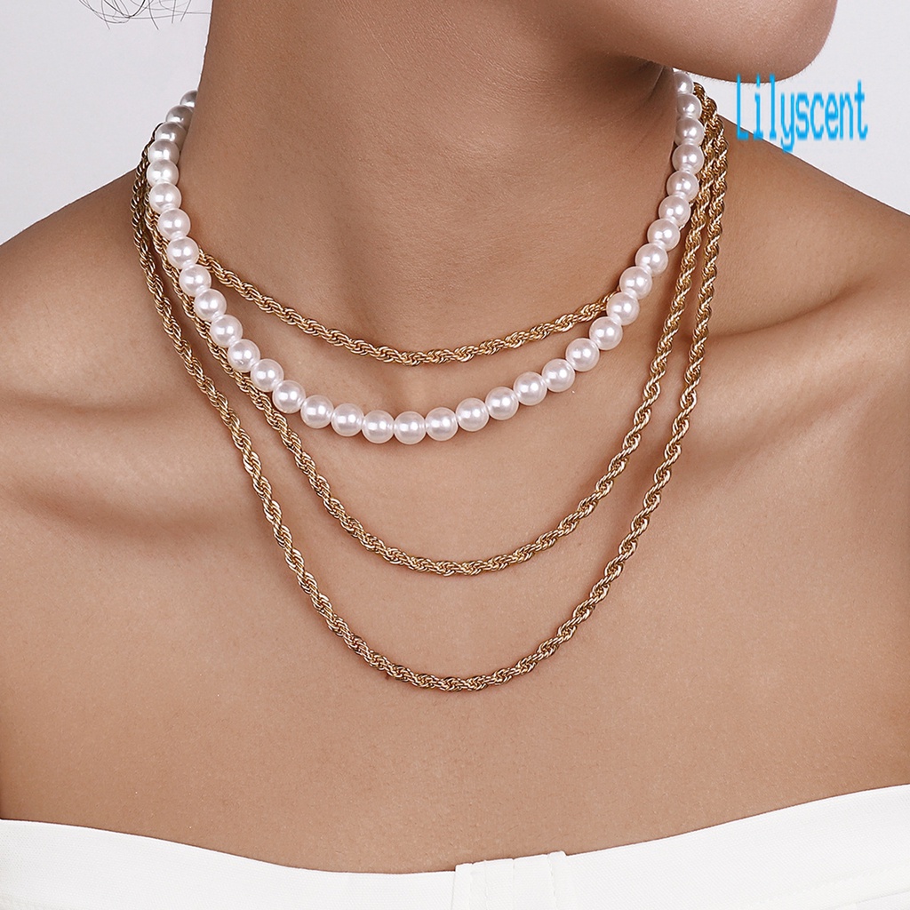 2pcs Kalung Multilayer Aksen Mutiara Imitasi Untuk Wanita