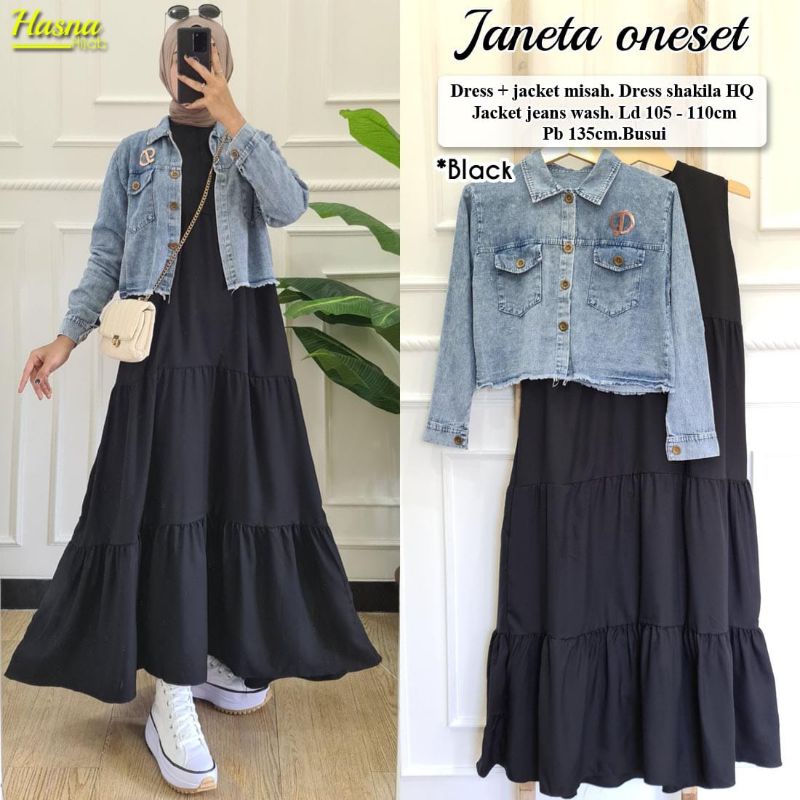 Janeta Set Dewasa Terbaru Setelan Gamis Dress Polos Dan Jaket Crop Jeans Wanita LD 100 Cm