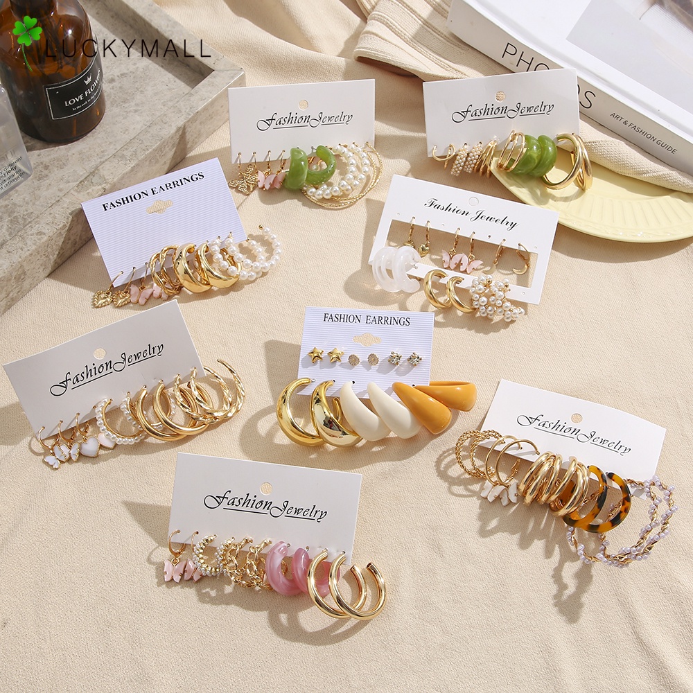 6Pcs/Set anting korea wanita Hoop Bentuk Kupu Aksen Mutiara anting emas asli Bahan Akrilik Untuk perhiasan aksesoris