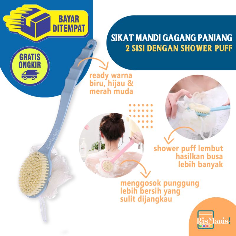 2 IN 1 LONG HANDLE SHOWER BRUSH - Sikat Mandi Gosok Punggung Kulit Mati Gagang Panjang Shower Puff