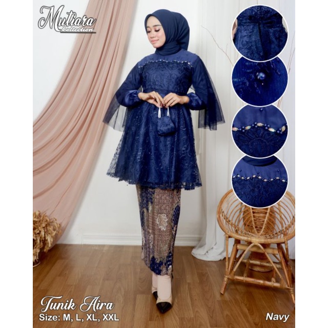 Zaja - Baju Set Tunik Aira Rempel Payet Dada &amp; Free Masker + Full Inner Cavali / Stelan Kebaya Modern Terbaru / One Set Baju Wisuda Dan Pesta Cantik Tulle Bordir Twotone / Pakian Baju Seragaman Keluarga Cewek