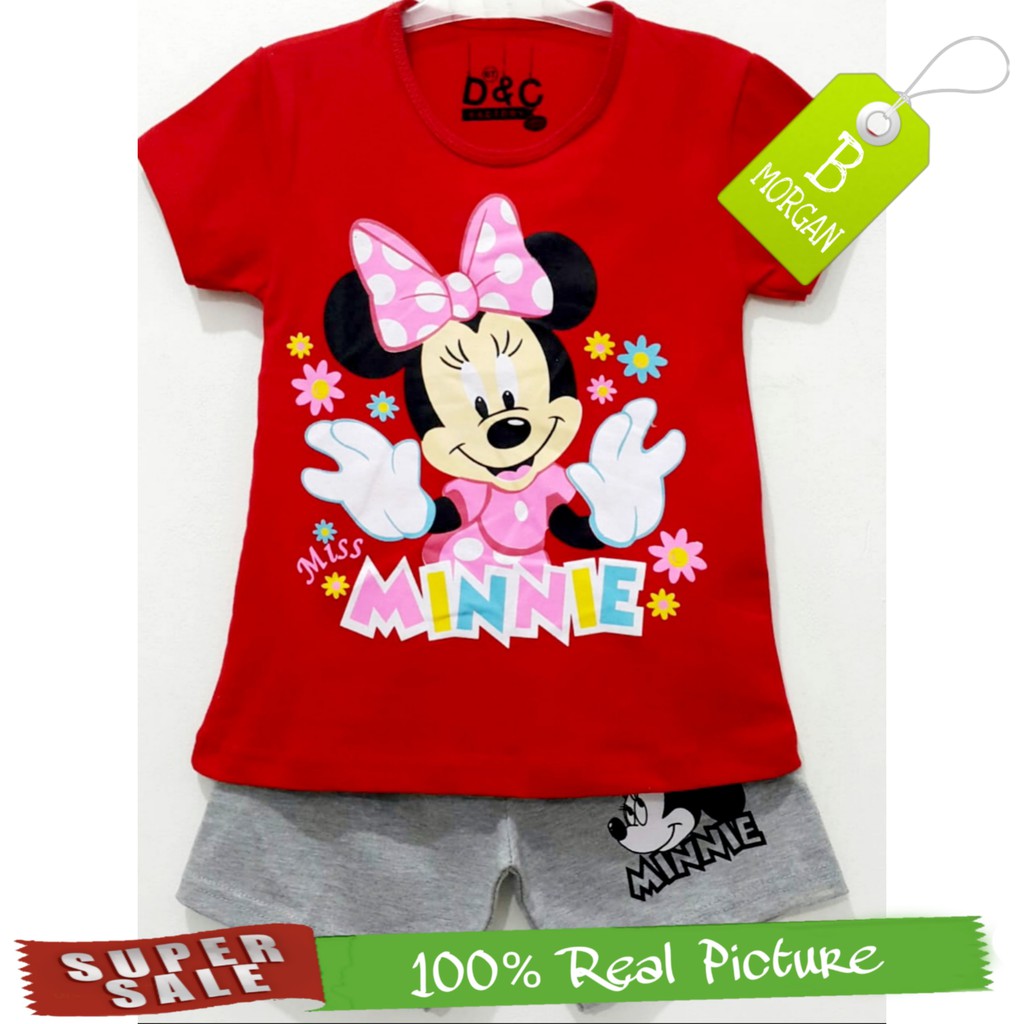 Baju  Setelan Kaos Anak  Perempuan  motif  Minnie Mouse Flower 