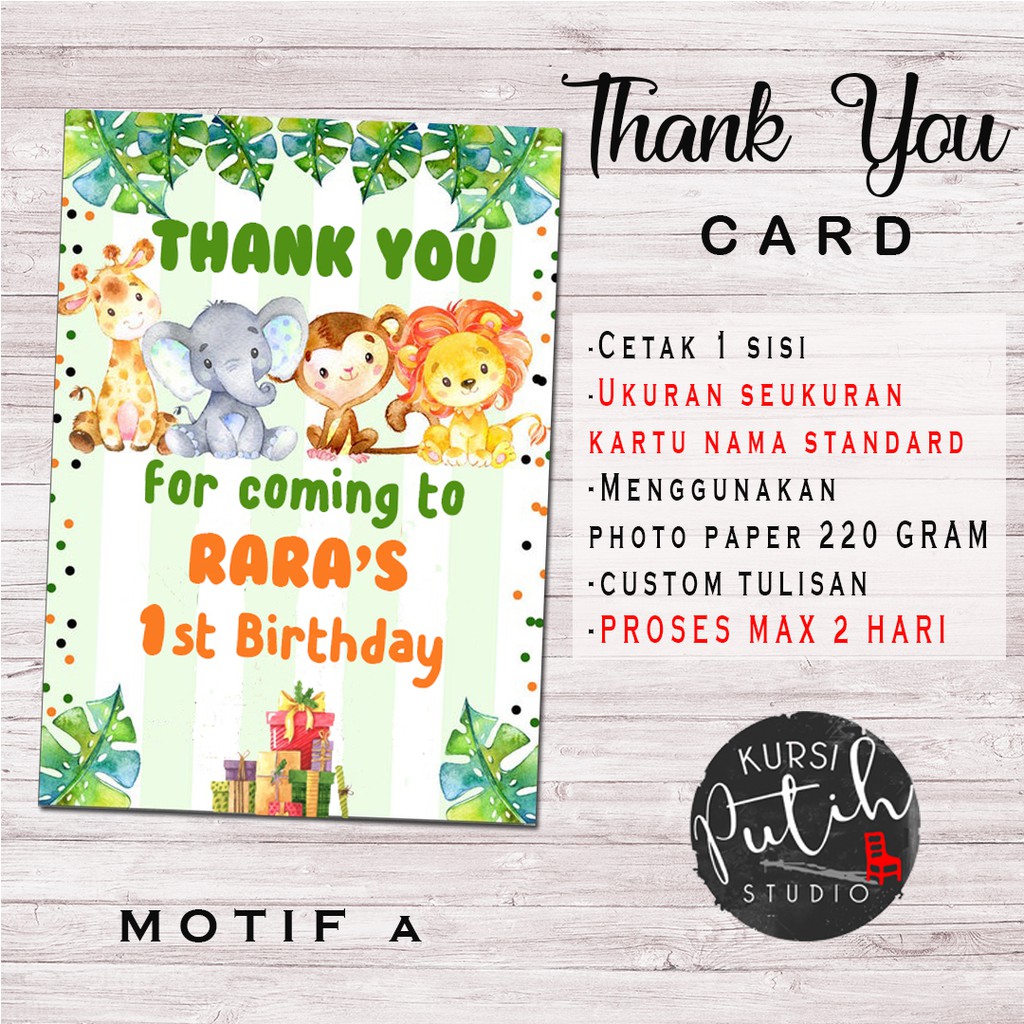 

Thank you card /birthday, aqiqah, dll. Tema baby animals. Bisa custom tulisan