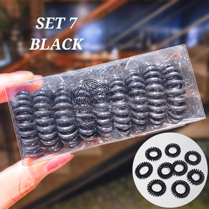 KARET RAMBUT SPIRAL ISI 9 PCS IMPORT / IKAT RAMBUT KOREA / KUNCIRAN WANITA / AKSESORIS KUNCIR CEPOL-set 7 black