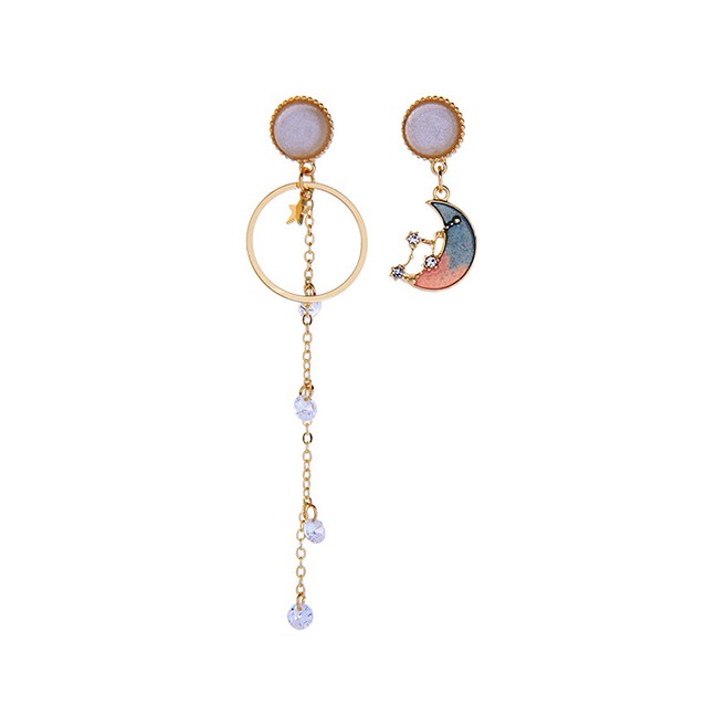 LRC Anting Tusuk Fashion Star And Moon Tassel Long Asymmetrical Stud Earrings K0295