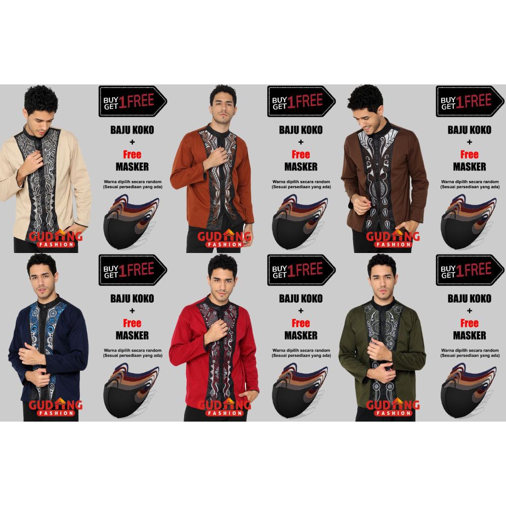 Baju Koko Pria Muslim Lengan Panjang Plus Free Masker
