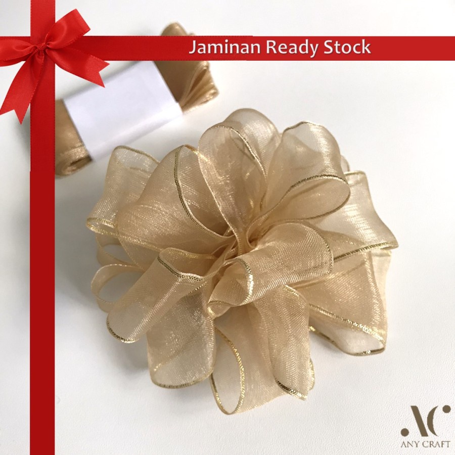 

TERLARIS!!! WL03 Pita Pompom Ribbon Decor Pesta Kado Organdi Coklat Muda List Emas - TERMURAH BUNGA PITA KADO KEBUMEN