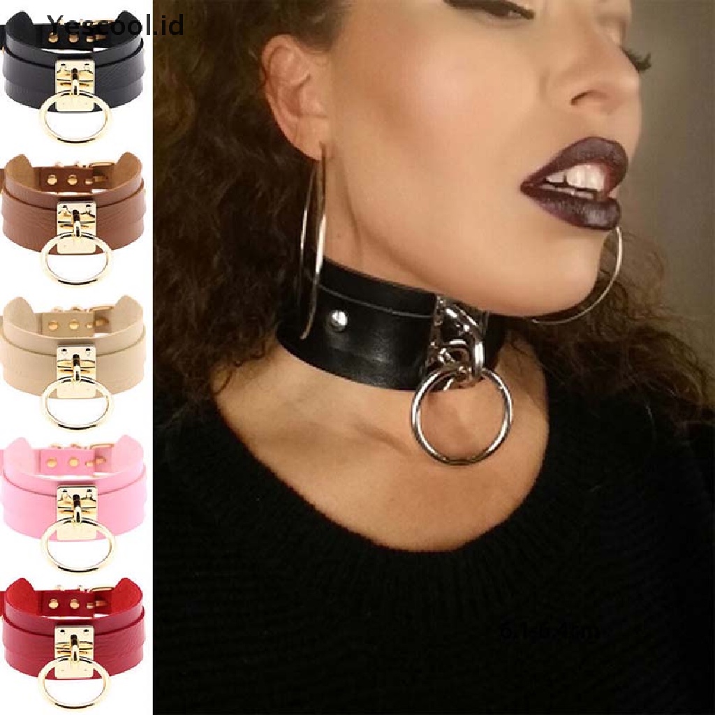 Kalung Choker Bahan Kulit PU Model Lebar Aksen Cincin O Gaya Punk Gothic Untuk Wanita